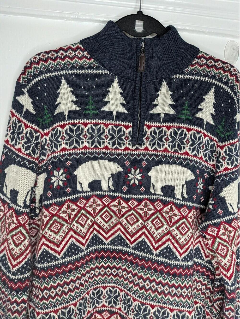 Aspen Sweater Mens XL Navy Fair Isle Polar Bear Mock Neck 1/4 Zip Christmas